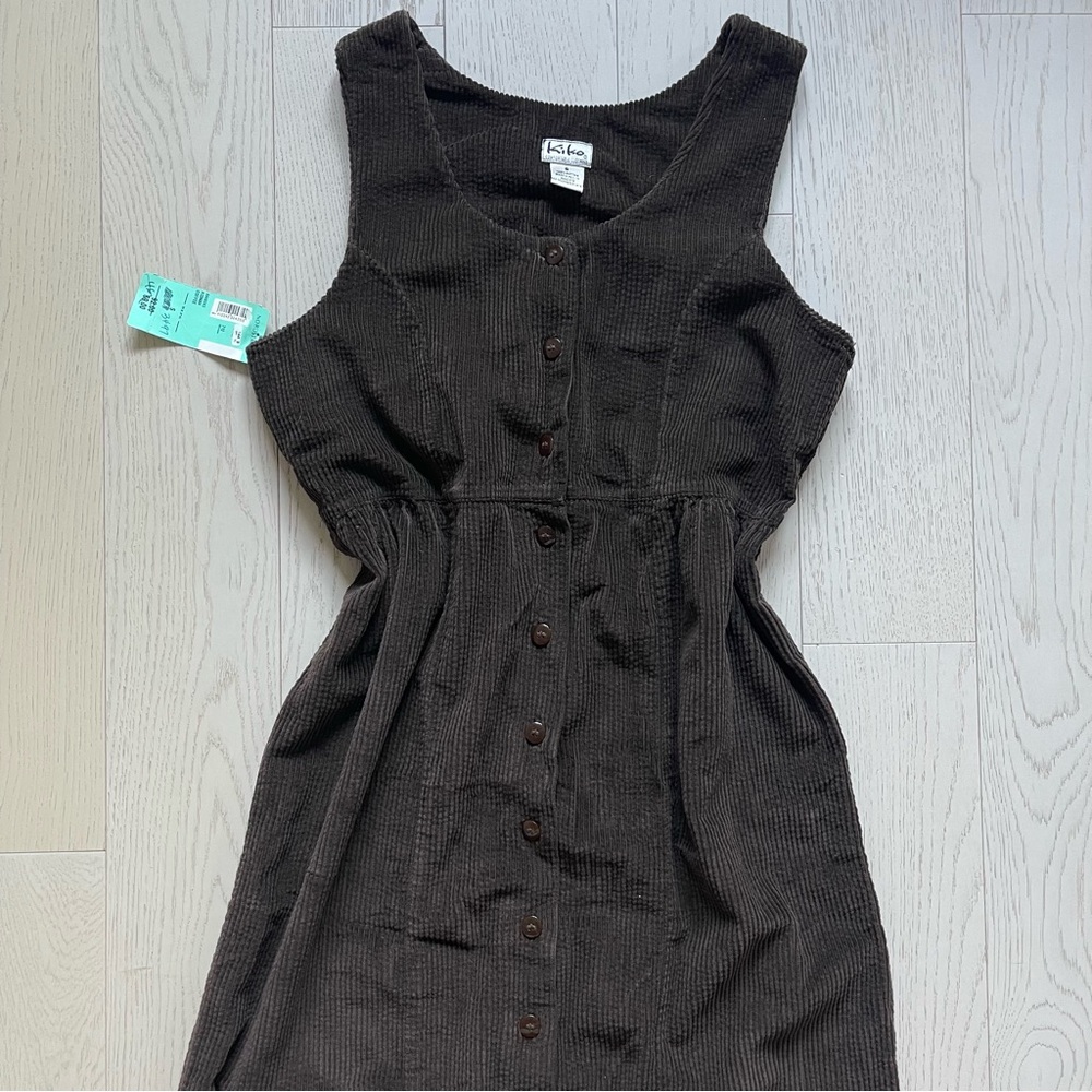 Vintage 90s Kiko dark brown wide wale corduroy maxi length button up dress NWT